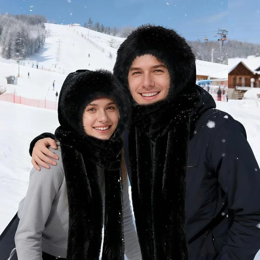 Women Hooded Scarf Gloves Set Faux Fur Warm Winter Accessory